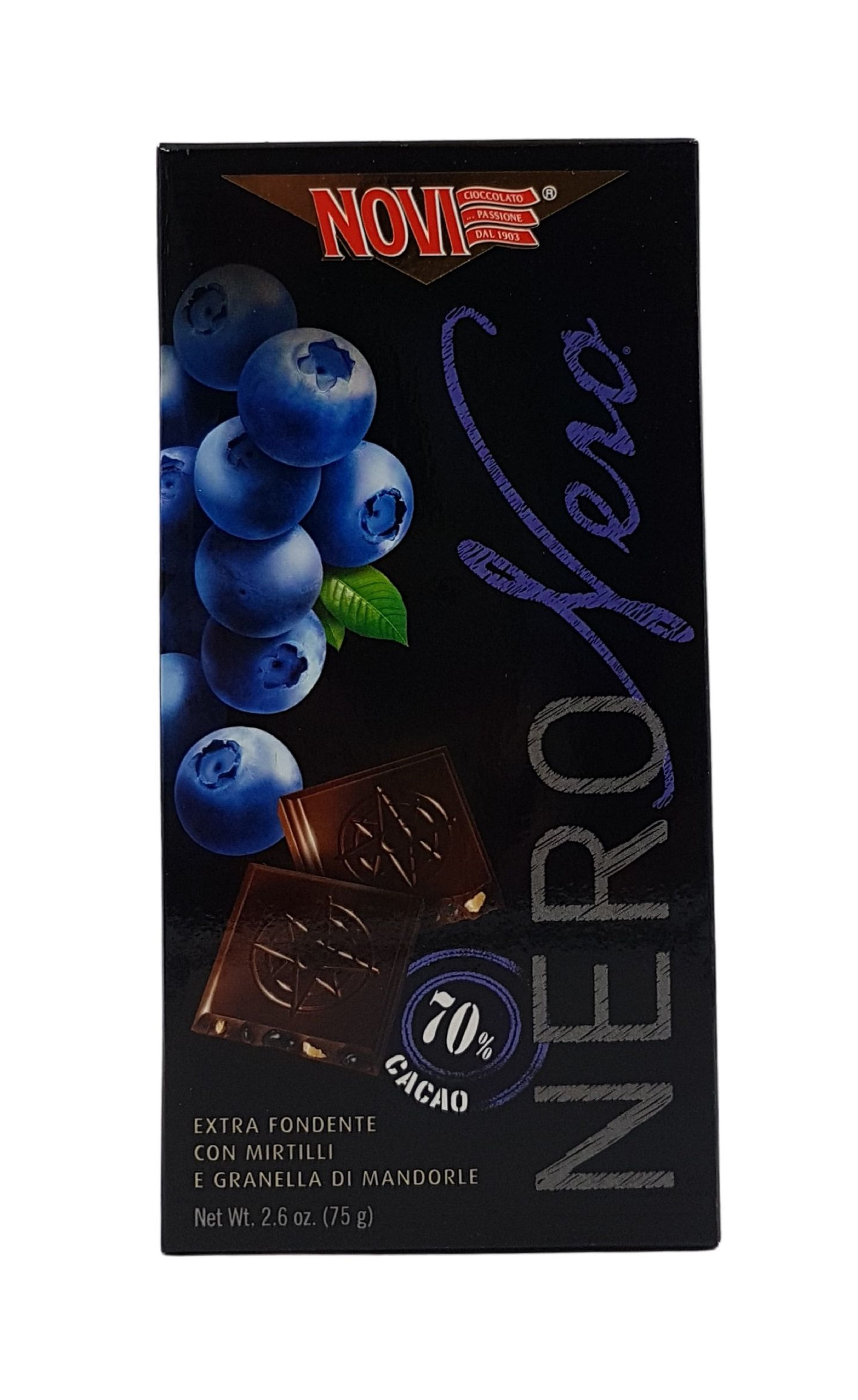 Novi, Cioccolato Nero Mirtilli e Granella di Mandorle 75 g, Süßwaren, 0,075 kg