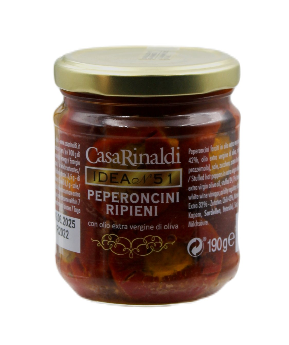 Casa Rinaldi, Peperoncini Ripieni con Olio Extra Vergine di Oliva 190 g, Antipasti, 0,19 kg