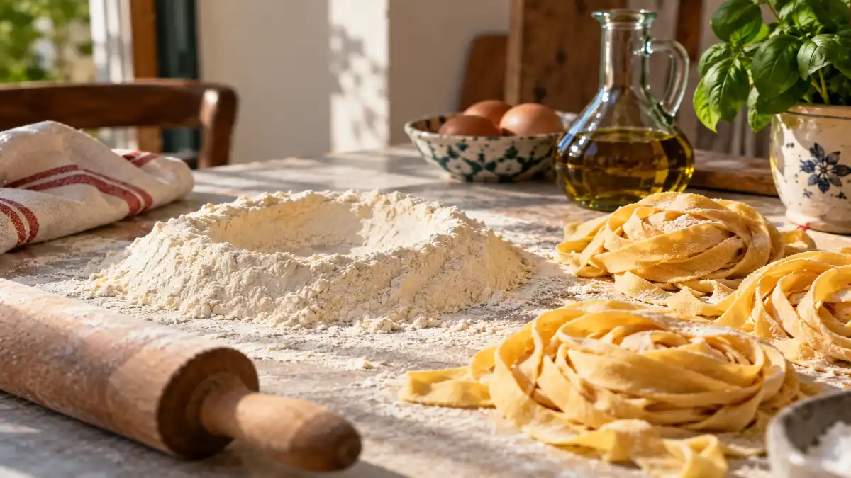 Arbeitsfläche mit Mehl, Nudelholz und Pasta.