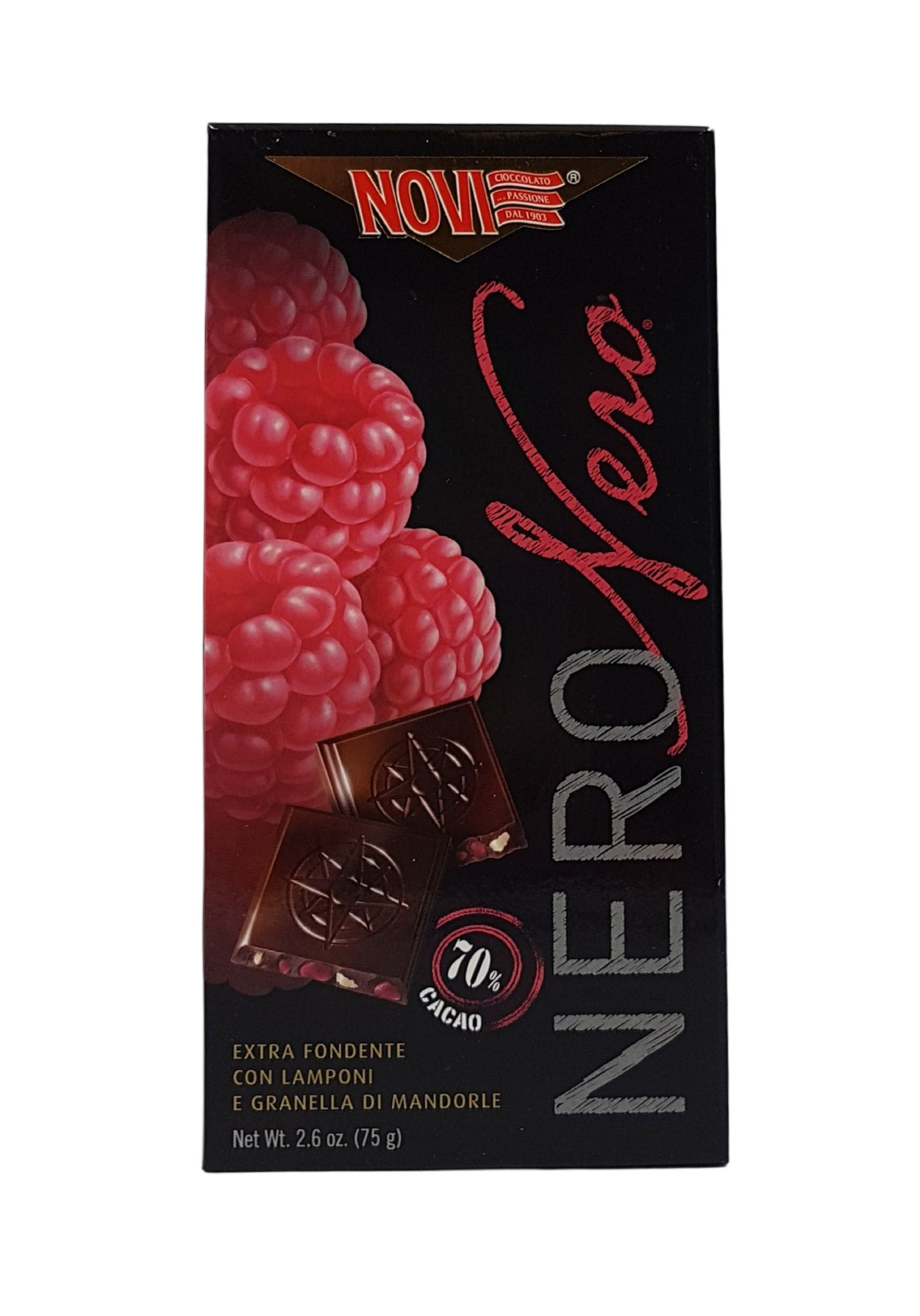 Novi, Cioccolato Nero Lamponi e Granella di Mandorle 75 g, Süßwaren, 0,075 kg