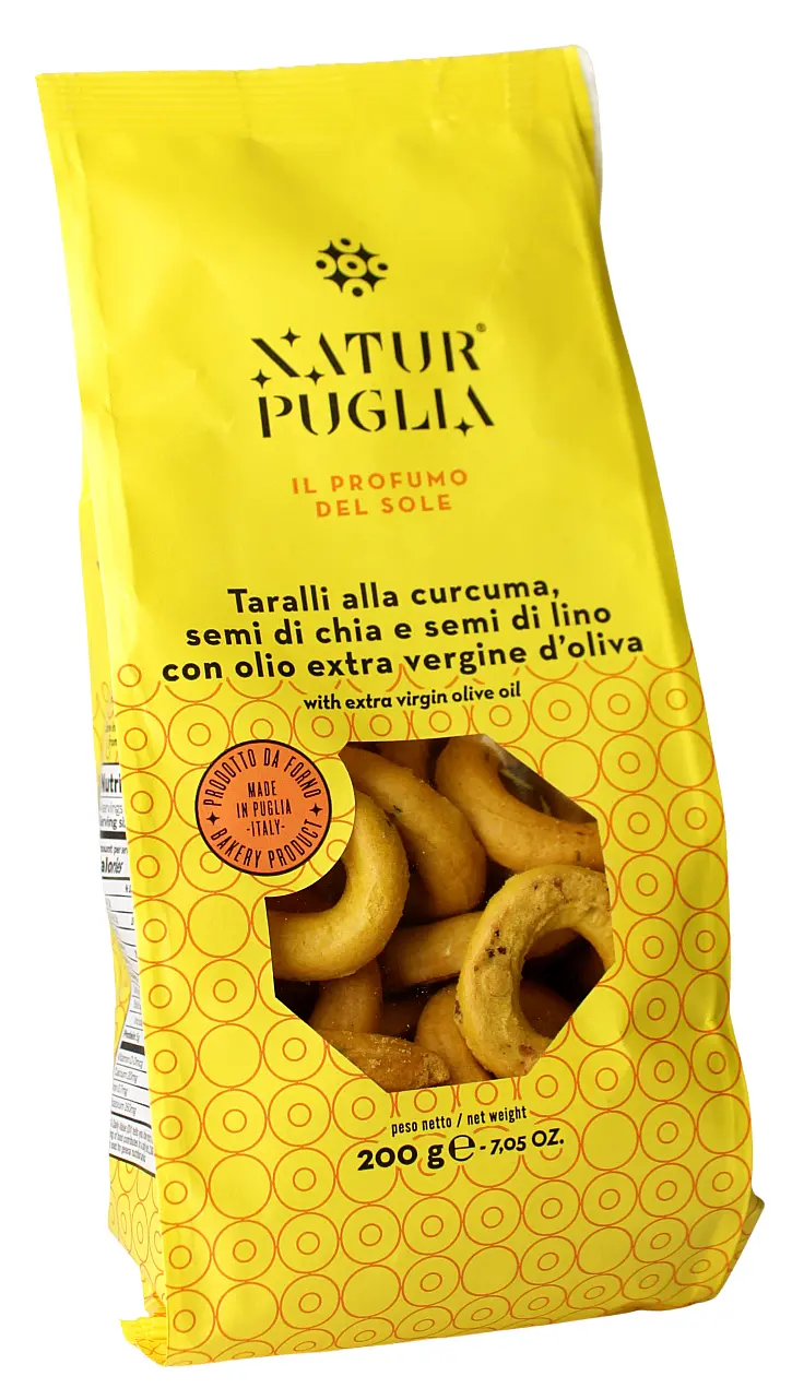 Taralli alla Curcuma, Semi di Chia e Semi di Lino 200 g Taralli alla Curcuma, Semi di Chia e Semi di Lino 200 g