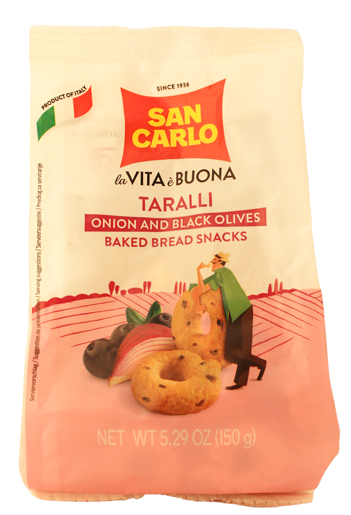 San Carlo, Taralli Onion and Black Olives 150 g, Brot & Knabbern, 0,15 kg