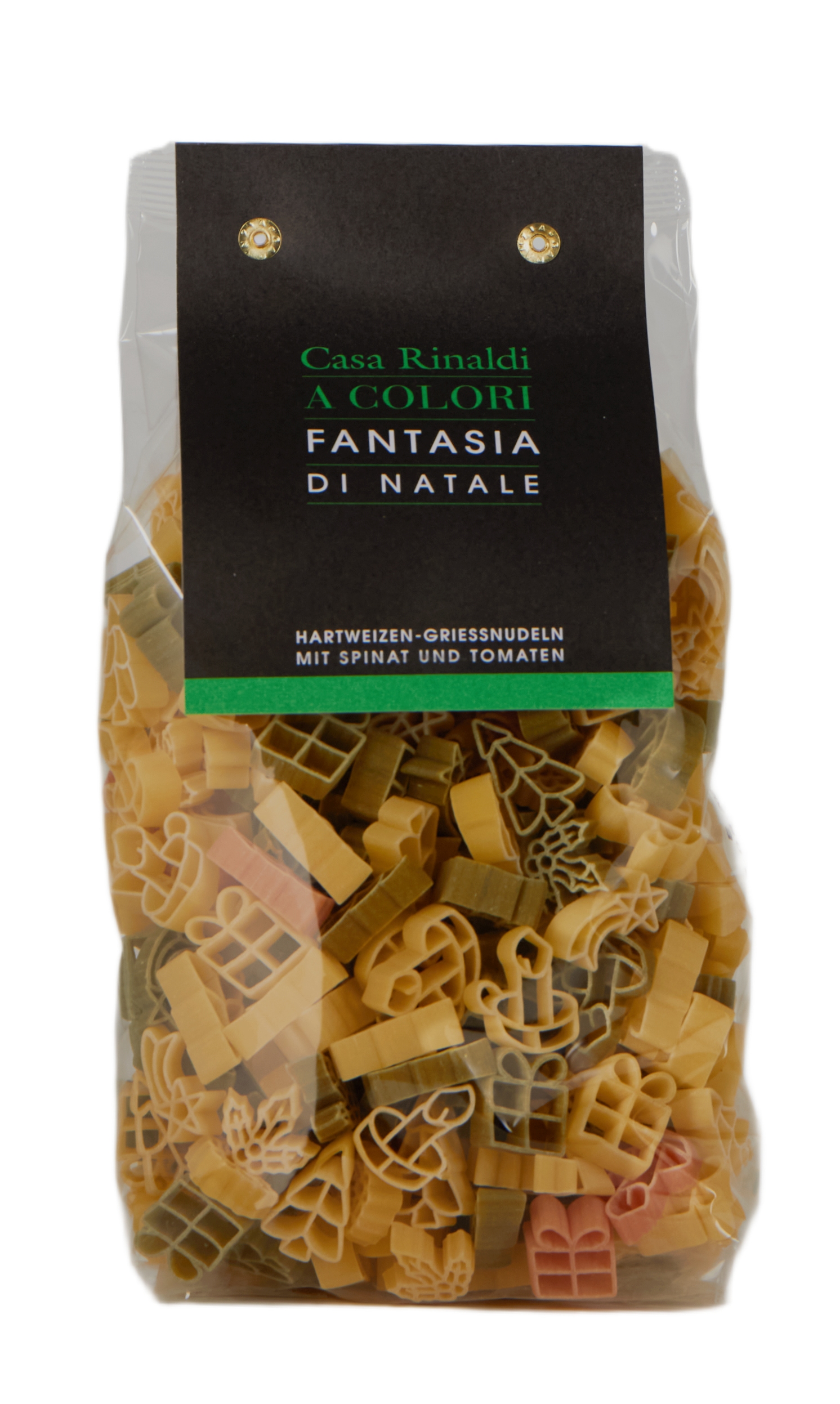 Weihnachtsnudeln 500g Packung in Plastik Verpackung mit Papierreiter gefärbt mit Spinat und Tomate