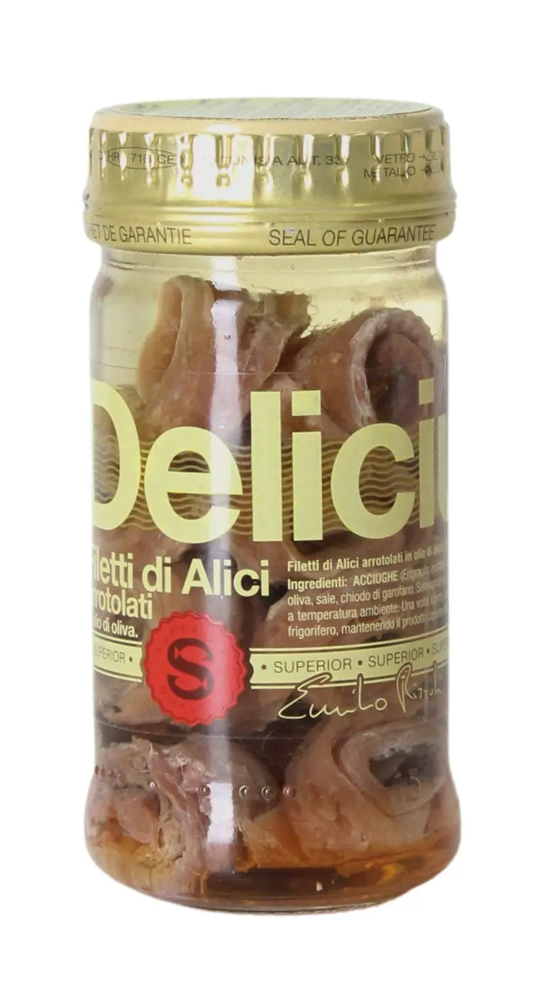 Filetti di Alici Arrotolati in Olio di Oliva 100 g Filetti di Alici Arrotolati in Olio di Oliva 100 g